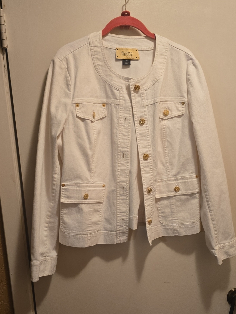St. John White Collarless Jean Jacket with Gold Buttons